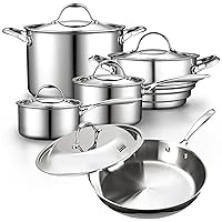 Stainless Steel Kitchen Cookware Sets 10-Piece, Multi-Ply Full Clad Pots and Pans Cooking Set with Fry Pan, Dishwasher Safe, Oven Safe 500°F
