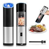 YSSOA Gravity Electric Salt and Pepper Grinder Set, Adjustable Coarseness, One Hand Automatic Operation, with Blue LED Light, Stainless Steel, Black
