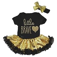 Petitebella Baby Dress Little Brave Heart Black Bodysuit Gold Sequin Tutu Romper NB-18m
