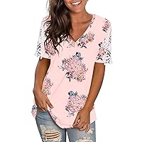 T Shirts for Women Casual Trendy V-Neck Short Sleeve Summer Tops Paisley Printed Loose Fit Basic Tee Tshirts Blouse