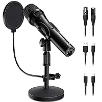 Dynamic Microphone XLR USB-C, Unidirectional＆Noise Rejection, Mic Gain, with Desktop Stand, Pop Filter, Headphone Jack, Recording Singing Metal Wired Mic for Mac,PC,Mixer,Audio Interface,Sound Card