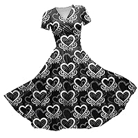 Women's Dresses 2024 Princess Dress Sexy V-Neck Valentine's Day Print Waist Pull Pleated Short Dress, S-3XL