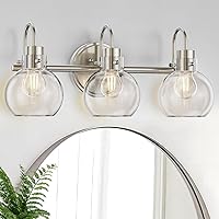 3 Lights Vanity Light, Brushed Nickel Bathroom Light Fixtures, Farmhouse Wall Sconces with Globe Clear Glass Shade, Porch Wall Mount Lamp for Mirror, Kitchen, Porch, Living Room, Workshop (E26 Base)