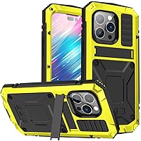 iPhone 14 Pro Metal Bumper Silicone Case iPhone 14 Pro Case with Stand Built-in Screen Protector Gorilla Glass Hybrid Military Shockproof Heavy Duty Rugged Full Cover for Outdoor (Yellow)