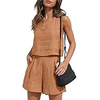 Women 2 Piece Outfits Linen Matching Sets Two Piece Lounge Shorts Crop Tops 2024 Summer Clothes Beach Vacation