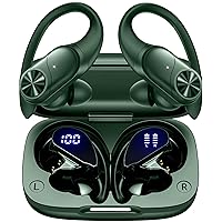 Bluetooth Headphones Wireless Earbuds 80hrs Playtime Wireless Charging Case Digital Display Sports Ear buds with Earhook Premium Deep Bass IPX7 Waterproof Over-Ear Earphones for TV Phone Laptop Olive
