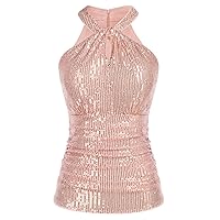 GRACE KARIN Sequin Tops for Women Elegant Halter Tops Sparkle Tank Shimmer Party Club Cocktail Slim Fit Ruched Tops