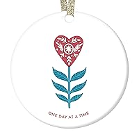Recovery Ornament One Day At A Time Keepsake Gift Friend Sponsor Clean and Sober Milestone Present Celebrating Sobriety Pretty Heart Tree Decoration Ceramic 3” Flat Circle with Gold Ribbon