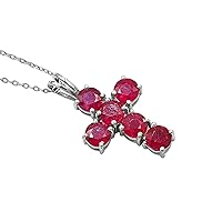925 Sterling Silver Natural 5 MM Round Red Ruby Gemstone Cross Pendant Necklace July Birthstone Ruby Proposal Jewelry Bridal Gift(PD-8308)