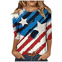Stylish 4th of July Patriotic Women's Casual 3/4 Length Sleeve Flag Striped Shirts - Spring/Summer Ladies Tops