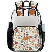 Autumn Fall Leaves Fruits Pumpkins Clear Backpack Heavy Duty Transparent Bookbag for Women Men See Through PVC Backpack for Security, Work, Sports, Stadium