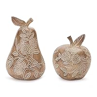 Melrose Set of 2 Brown Floral Etched Apple and Pear Fruit Tabletop Decorations 7.75