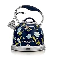 VQ Laura Ashley Elveden Navy 3L Stainless Steel Tea Kettle Stovetop Whistling Teapot for Induction, Gas Hob or others. Silicon Coated Cool Handle & Push Button Mechanism Vintage Stove Top Kettle