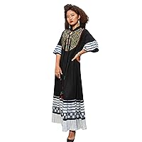 Handmade Tribal Boho Maxi Dress with Pockets for Women Made from Premium Cotton Linen Blend in Black Bedecked with Antique Embroidery One Piece Only 111