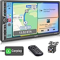 Double Din Car Stereo with Apple Carplay, Bluetooth, Mirror Link, 7 Inch Full HD Capacitive Touchscreen Car Audio Receiver, USB/SD Port, SWC, Backup Camera, AM/FM Car Radio