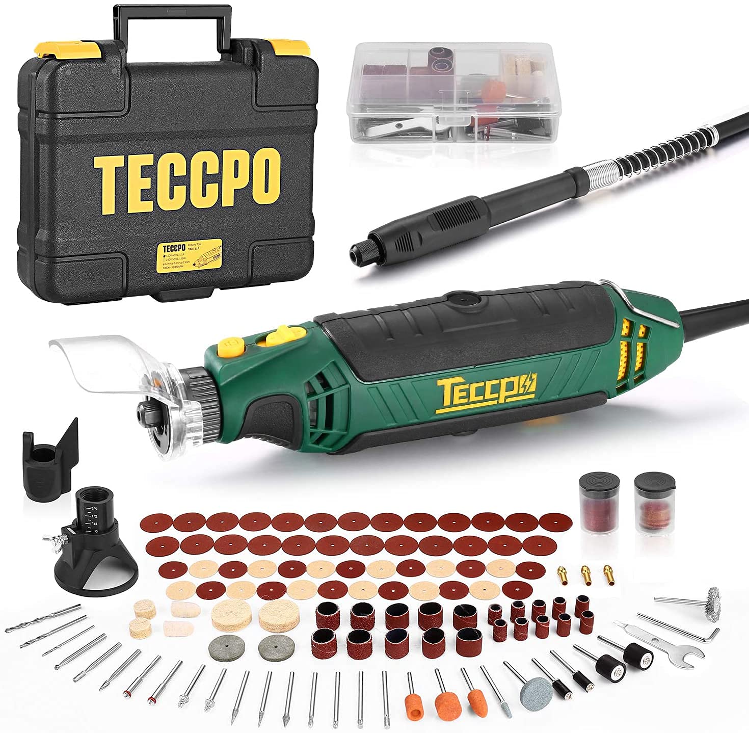 TECCPO Rotary Tool Kit, 110 Accessories, 4 Attachments, Carrying Case, 6 Variable Speed with Flex shaft, Protective Shield, Sharpening Guide, Cutting Guide, Ideal for Crafting Project and DIY
