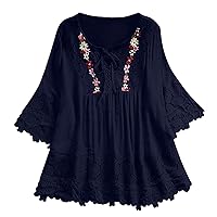 Boho Shirt for Seniors Bohemian Style Linen Floral Tunic Embroidered Lace Sheer Blouses Ruffle Front Indian Clothes