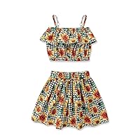 summer new girls' suits,children's sunflower plaid sling tops and short skirt two-piece suits.