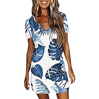 Sundresses for Women, 2024 Casual Print Sling Tunic Dresses, Short Sleeve V Neck Beach Dresses with Pockets