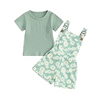Newbgclo Toddler Baby Girl Clothes Ribbed Short Sleeve T-Shirt Daisy Floral Suspender Overalls Shorts Set 2Pcs Summer Outfits