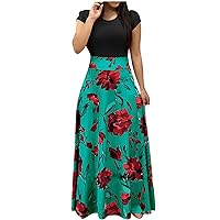 Maxi Dress for Women Floral Print Boho Dress High Waist Crewneck Short Sleeve Loose Summer Casual Long Dress Plus Size
