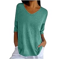 Womens Spring Summer Sweaters Half Sleeve V Neck Shirts Lightweight Soft Knit T-Shirt Tops Solid Color Casual Pullover