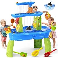 2024 Upgraded Sand Water Table Toys for Kids, 3-Tier & Electric Water Pump Rain Showers Splash Pond Toddler Sand Table, Sensory Play Table for Boy Girl 3+ Beach Summer Outside, Blue&Green