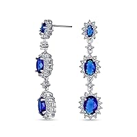 Long Royal Blue Triple Oval Halo Simulated Sapphire CZ Chandelier Earrings for Women Elegant Silver Plated with Sparkling Cubic Zirconia
