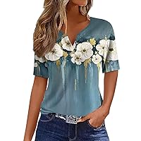 Short Sleeve Shirts for Women Button Down Tunic Tees T-Shirts Dressy Casual Printed Tops Henley V Neck Blouses