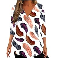 Womens 3/4 Sleeve V Neck T Shirt Zip Up Tops Half Sleeve Tee Tie Dye Printed Dressy Blouse Loose Tshirts Summer Tunic