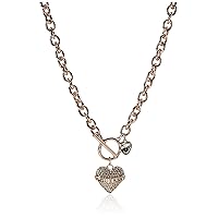 GUESS Women's Pave Heart with Logo Banner Pendant Toggle Necklace