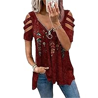 Andongnywell Women Summer Cold Shoulder Tops Fashion Sexy Loose Fit Short Sleeve Zipper Printing Long Tunic Blouse