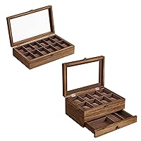 SONGMICS 2 Items Bundle - Watch Boxes, 12-Slot Solid Wood Watch Box Organizer with Glass Lid, 2-Tier Watch Case with 8 Slots, Rustic Walnut UJOW008K01 and UJOW120K01