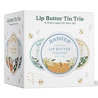 Badger - Lip Butter Trio Gift Box, Moisturizing Organic Coconut Oil, Beeswax, Sunflower - Contains 1 Unscented, 1 Sweet Orange, and 1 Highland Mint Lip Butter