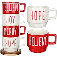 Set of 4 10 oz Christmas Stackable Large Coffee Mugs with Rack Porcelain Coffee Cups Ceramic Coffee Cup Set with Metal Stand Christmas Theme Coffee Mug for Espresso Tea Cocoa, Red White