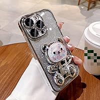 Compatible for iPhone 15 Pro Max Case Cute,Clear Gradient Glitter Bling Cover with Bear Mirror, Anti-Scratch Soft TPU Shockproof Protective Phone Cases with Stand for Women Girls (Silver)