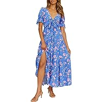 Women Tie Front Floral Dress Summer Casual Short Puff Sleeve Sexy V Neck Maxi Dresses A-Line Flowy Tiered Swing Long Dress