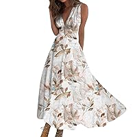 Dresses for Women 2024 Sundress Casual Long Maxi Swing Dress A Line Dress Print Sleeveless V Neck Dress