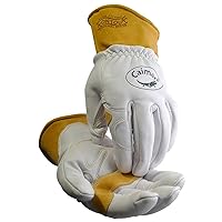 Caiman Premium Goat Grain TIG/MIG Welding Gloves with Wool Insulated Back, Scalloped Cuff, Boarhide Palm, Unlined, Reinforced Thumb, Kevlar, Kontour Design, White/Gold, X-Large (1871-6)