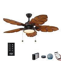 52 Inch Ceiling Fan with Light Pull Chain, Smart Remote Control Kit, Tropical Indoor and Outdoor Ceiling Fan for Patio, Bedroom, Living Room, Reversible Fan, 5 Leaf Design Blades, Black Bronze