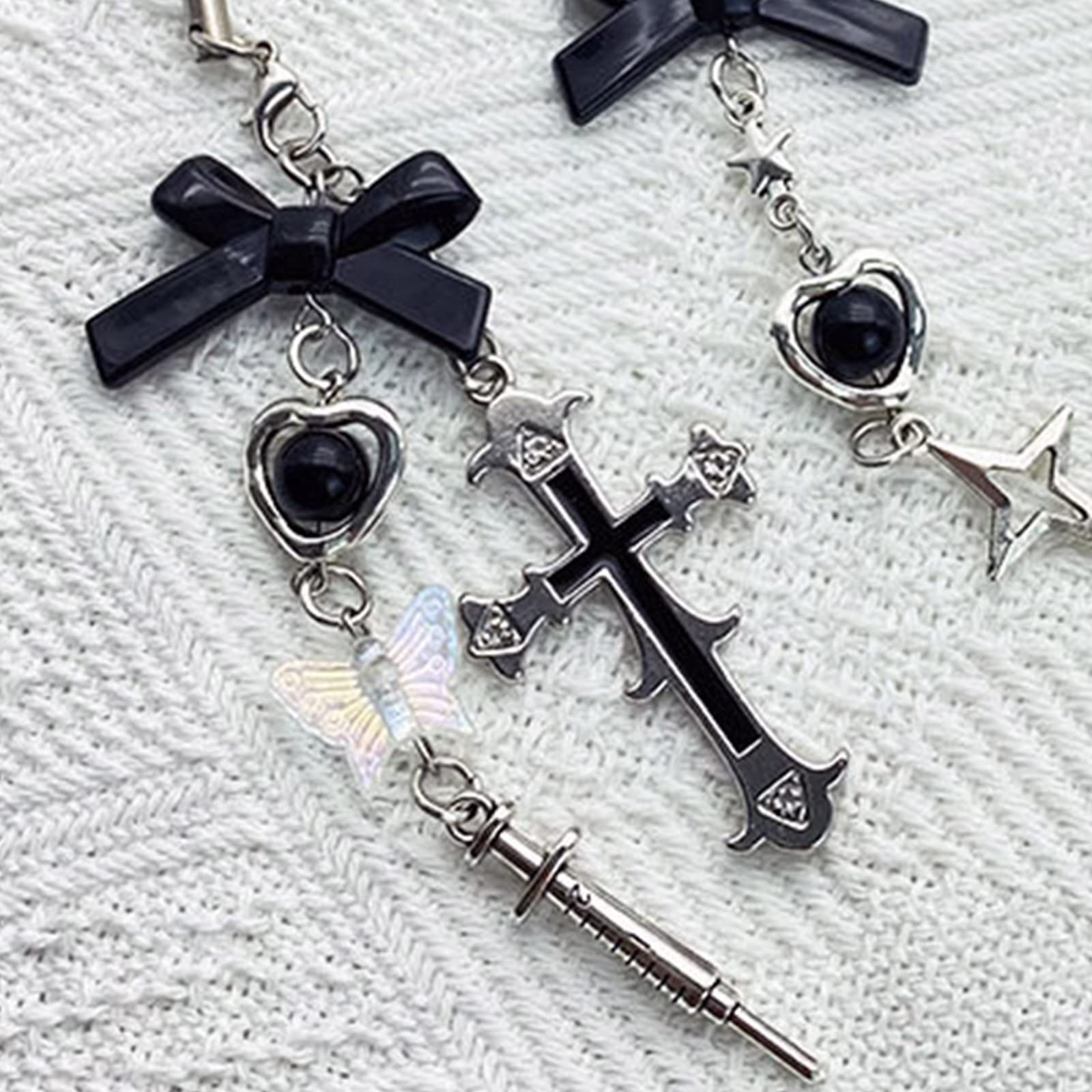 hejhncii Phone Charm Strap Keychain Kawaii-Cute Keychain Lanyard String Black Cross-Bow Beaded Chain Lanyard Y2K