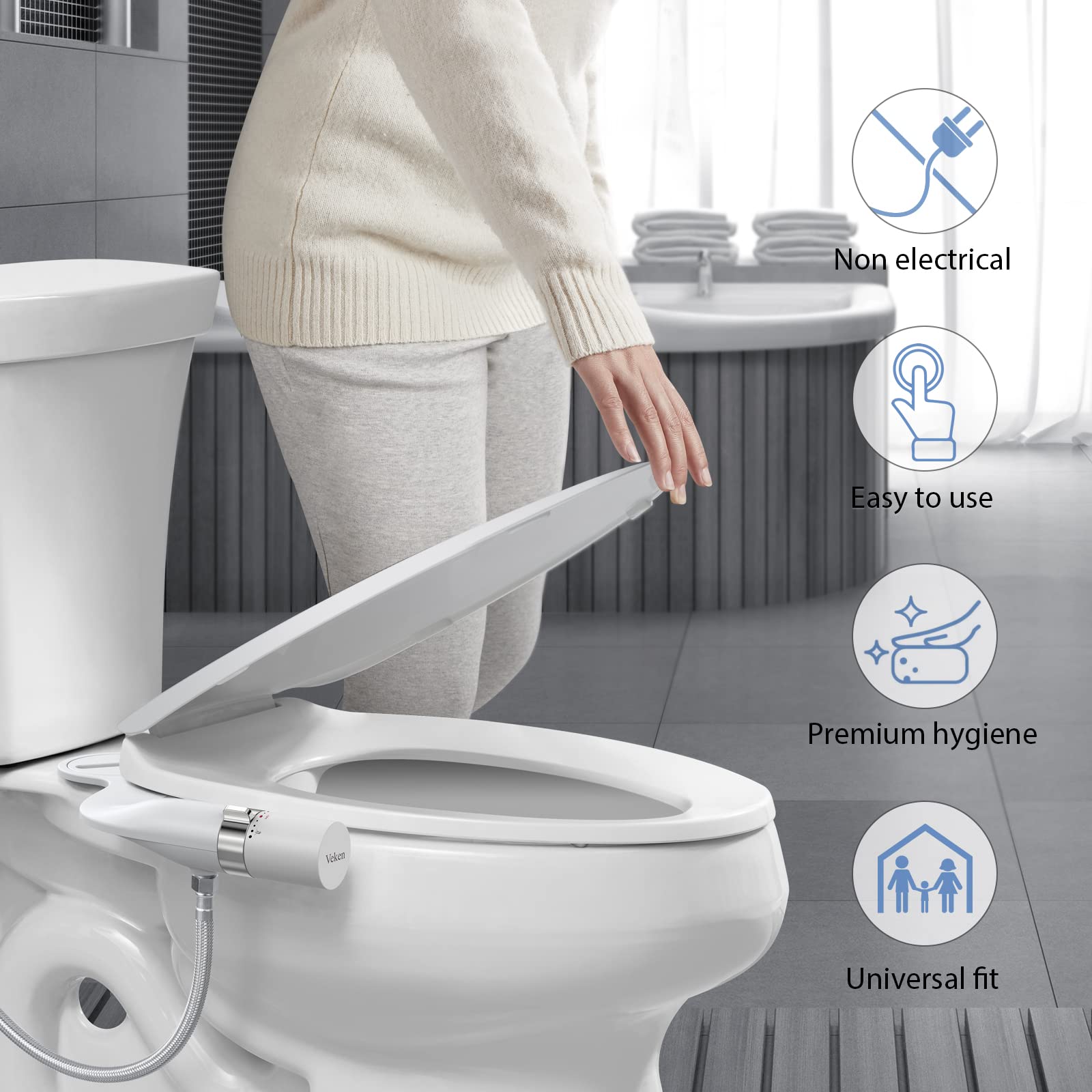Veken Ultra-Slim Bidet Attachment for Toilet Dual Nozzle (Feminine/Posterior Wash) Hygienic Bidets for Existing Toilets, Adjustable Water Pressure Cold Water Sprayer Baday with Stainless Steel Inlet