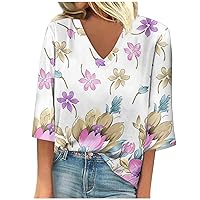 Ladies Summer Tops and Blouses 2023,Fall Womens Summer Tops 2023 3/4 Sleeve Casual 3/4 Sleeve Print V Neck Shirts Print Tee