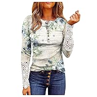 Womens Sweatshirt Women's Fashion Button Round Neck Slim Floral Print Splicing Lace Long Sleeve Top