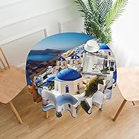 Santorini Greek Island Sea View Print Round Tablecloth 60 Inch,Kitchen Dining Tabletop Cover Decorative Table Cloths for Home,Wedding,Banquet