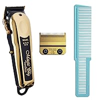 Wahl Professional 5 Star Gold Cordless Magic Clip Hair Clipper, Gold 2-Hole Stagger-Tooth Clipper Blade Large Styling Comb Bundle