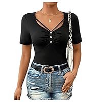 SweatyRocks Women's Half Button Cut Out Ruched Tees Top Sweetheart Neck Short Sleeve T Shirts