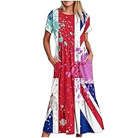 Vintage British Flag Long Dress Women's Summer Short Sleeve Crewneck Distressed A-Line Dresses Casual Beach Dress
