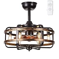 Caged Ceiling Fans with Lights Farmhouse, 18 Inch Flush Mount Vintage Bladeless Rustic Chandeliers Fan Remote Bedroom 6 Light E12 Bulb Base