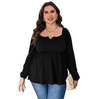 Plus Size Tops for Women Plus Size Shirts Women Notched Neck Puff Sleeve Blouse Casual Plus Size Womens Tops Black 3XL